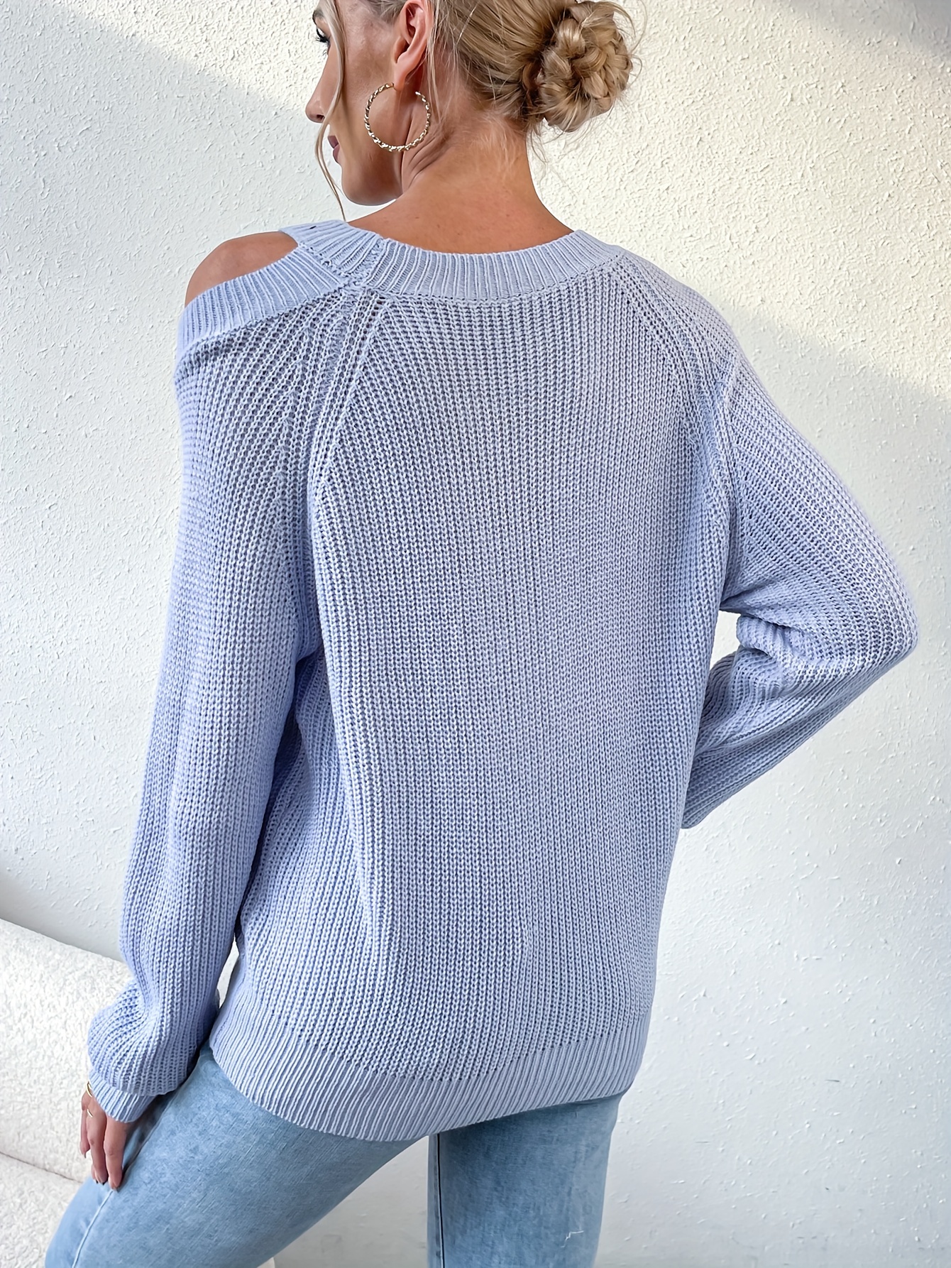 Solid Side Cold Shoulder Sweater Casual Crew Neck Knitted Temu