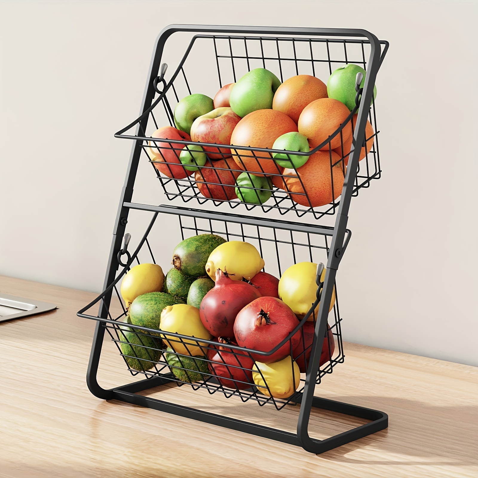 Generic Mini Porte-panier à 2 niveaux en métal, étagère de rangement fruits  et légumes, poignée en bois à prix pas cher