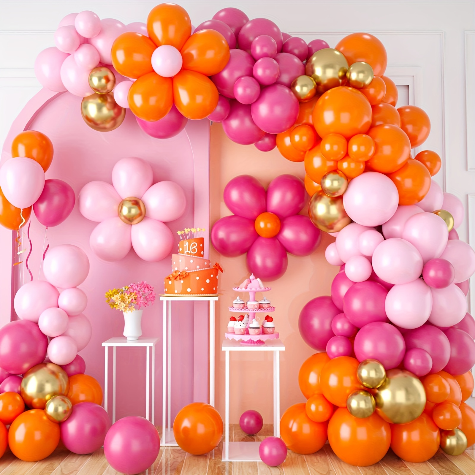

110pcs, Pink And Orange Balloon Wreaths, Daisy Balloon Arch And Metal Golden Party Balloon Flowers Birthday Party Wedding Groovy Themed Decorations