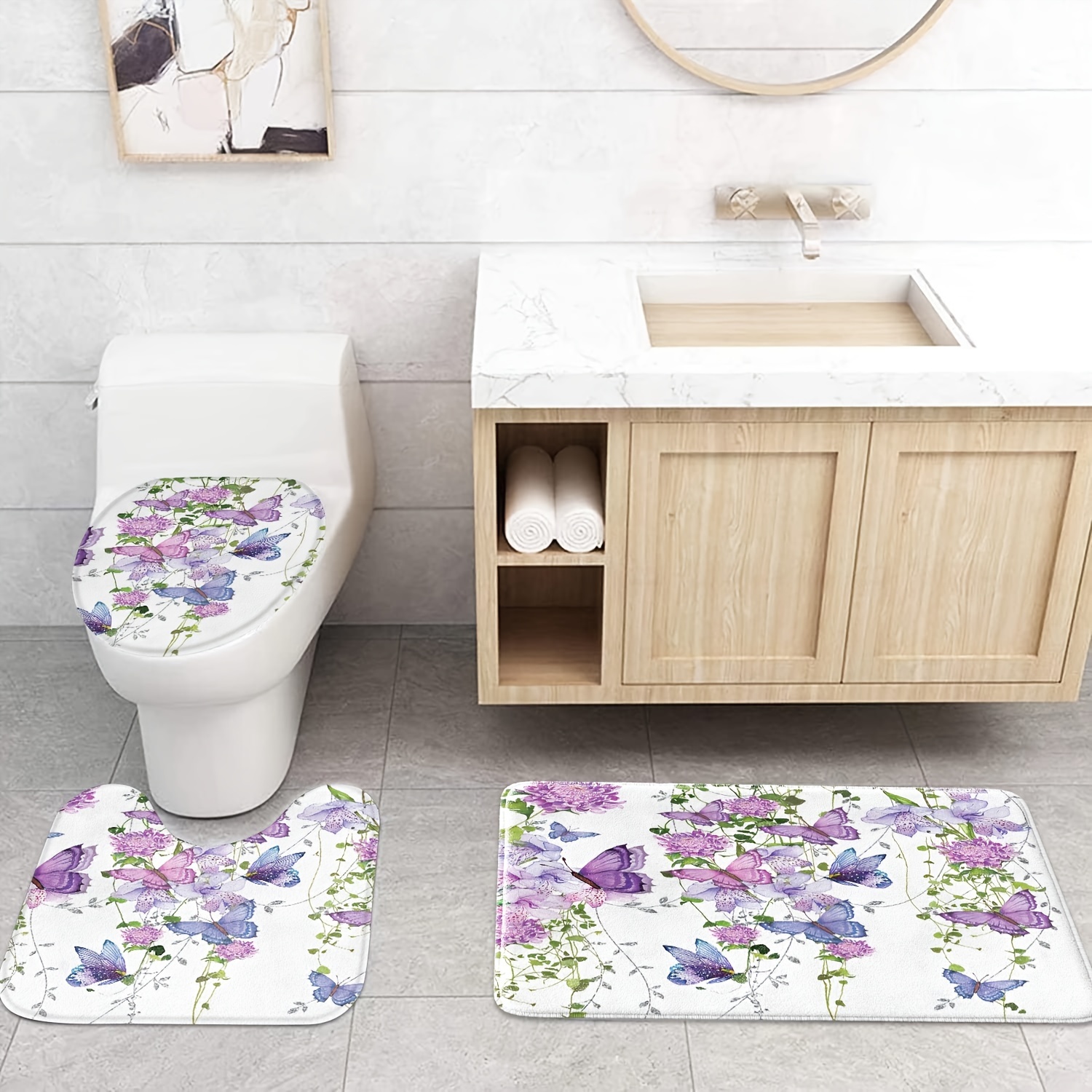 3 Piece Bathroom Rugs Set Bath Mat Purple Blossom Lilac Flowers on