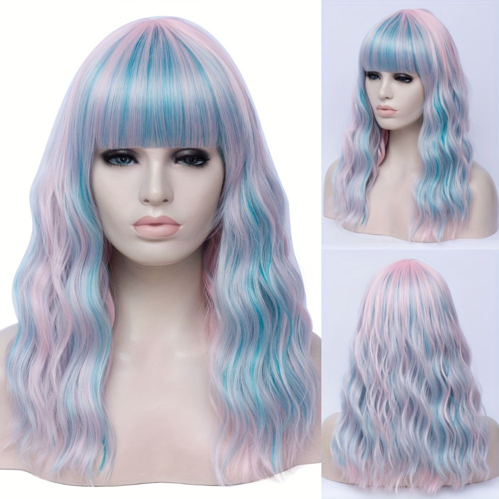 Long Wavy Pink Wig with Bangs for Women