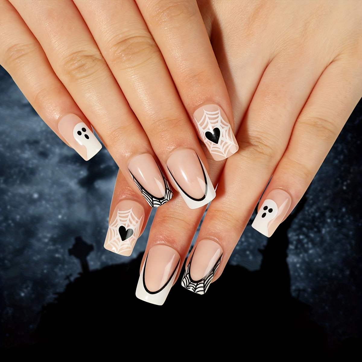 White French Tip Fake Nails, Halloween Glitter Press On Nails With Cute  Heart Spider Web Design, Glossy Glue On Nails Full Cover Long Coffin False  Nails For Women Girls - Temu Switzerland