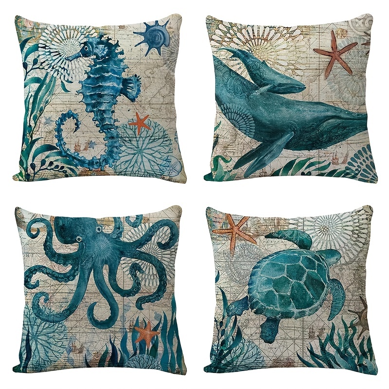 

1pc American Rustic Throw Pillow Cover, Sea Animals Seahorse Whale Octopus Sea Turtle Capybara Decorative Pillow Cushion, Summer Pillowcase, 18*18in