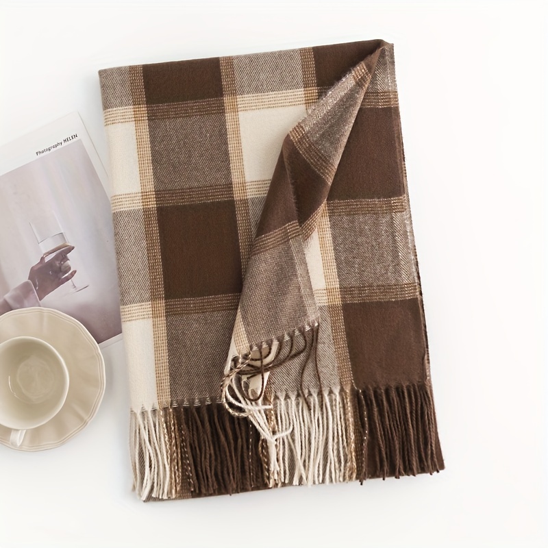 1pc Classic Fashionable Women's Brown Plaid Tassel Scarf With Two