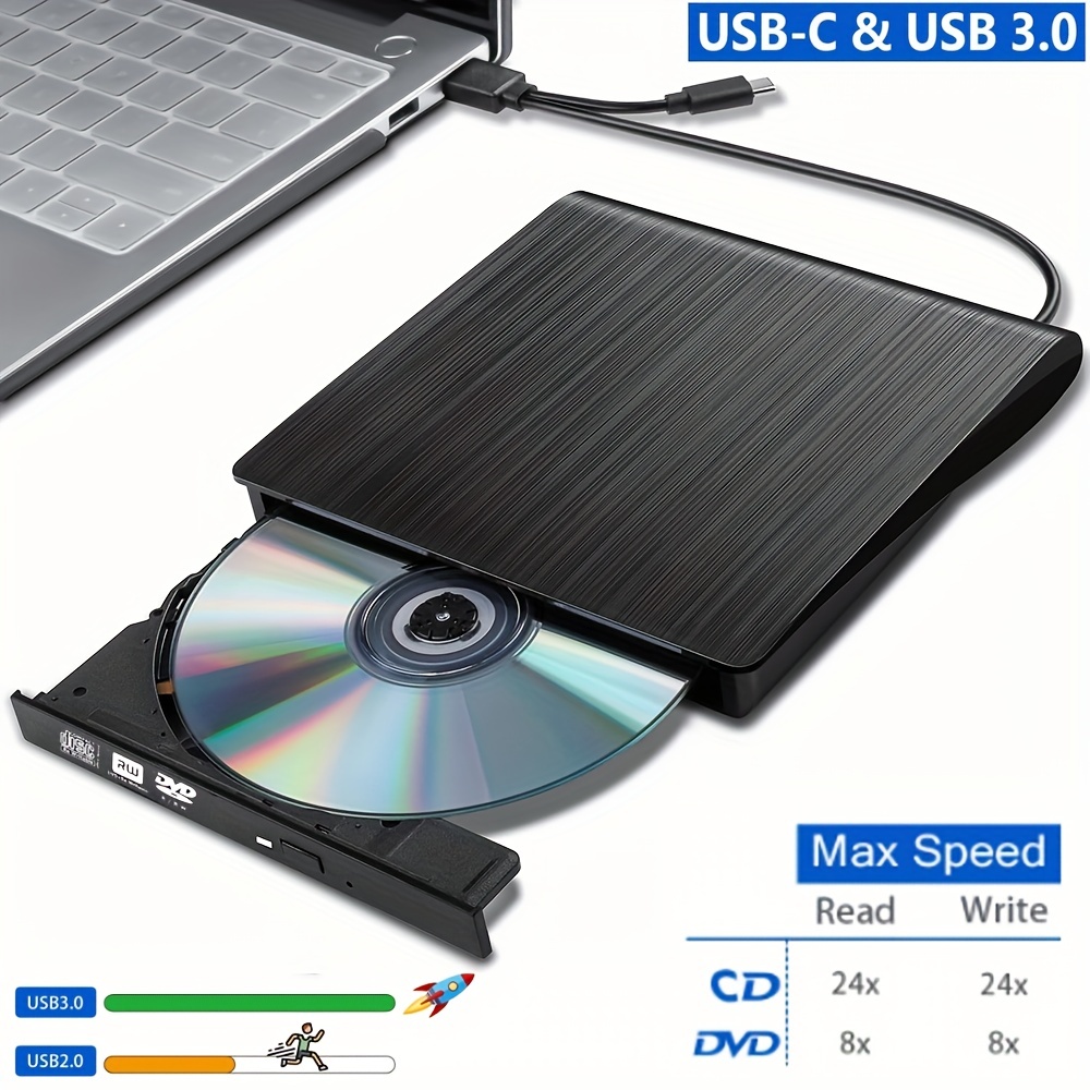 Lecteur DVD CD Externe, Type C et USB 3.0 Graveur et Lecteur de  CD-RW/VCD-RW, USB 3.0 pour Windows, Mac OS, Laptop, Desktops, PC