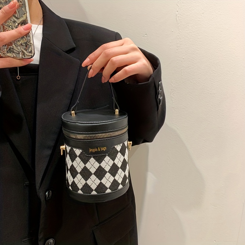 Mini Argyle Pattern Handbag, Fashion Cylinder Bucket Purse