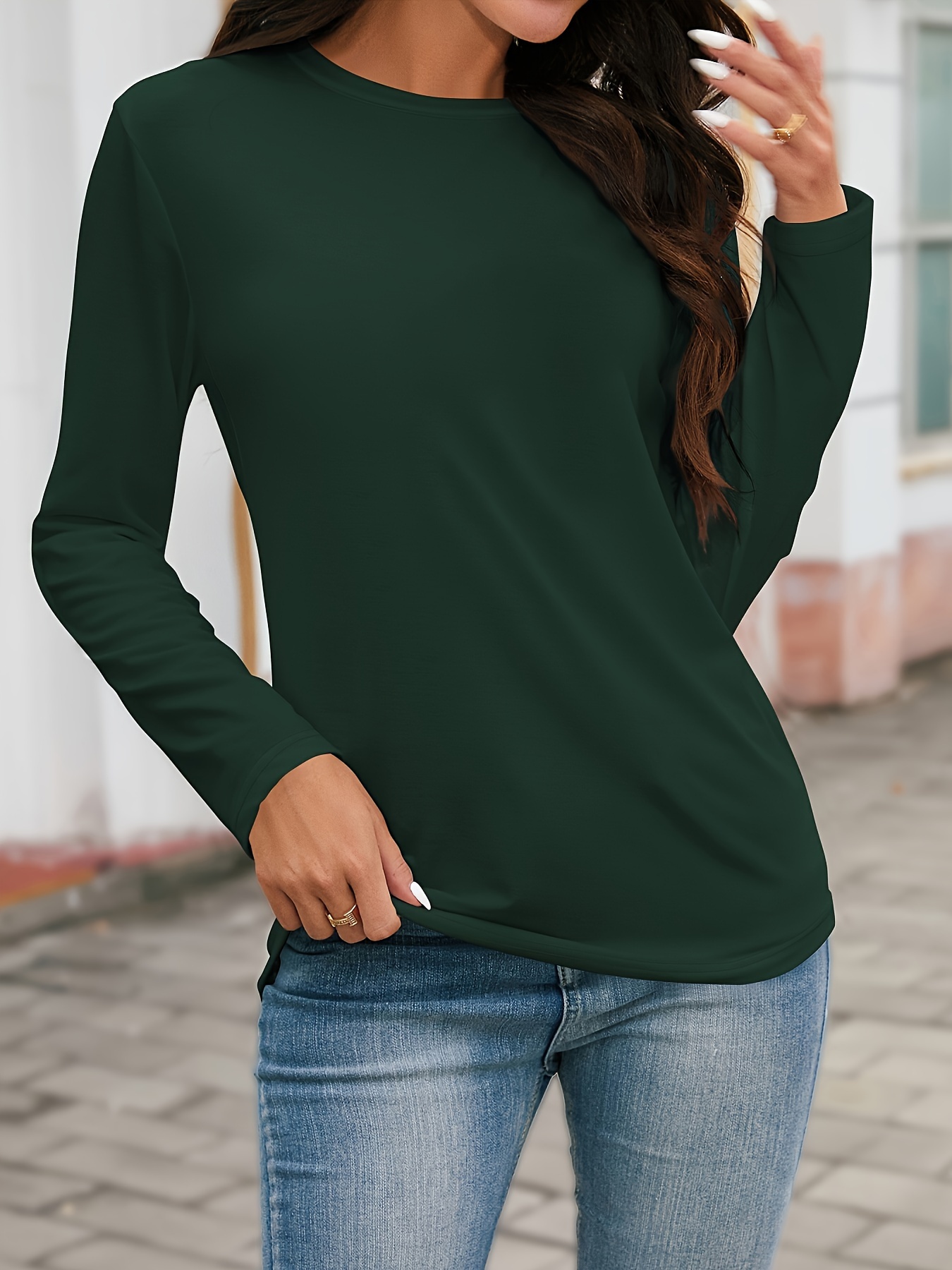 plus size simple solid t shirt casual crew neck long sleeve t shirt womens plus size clothing dark green 2