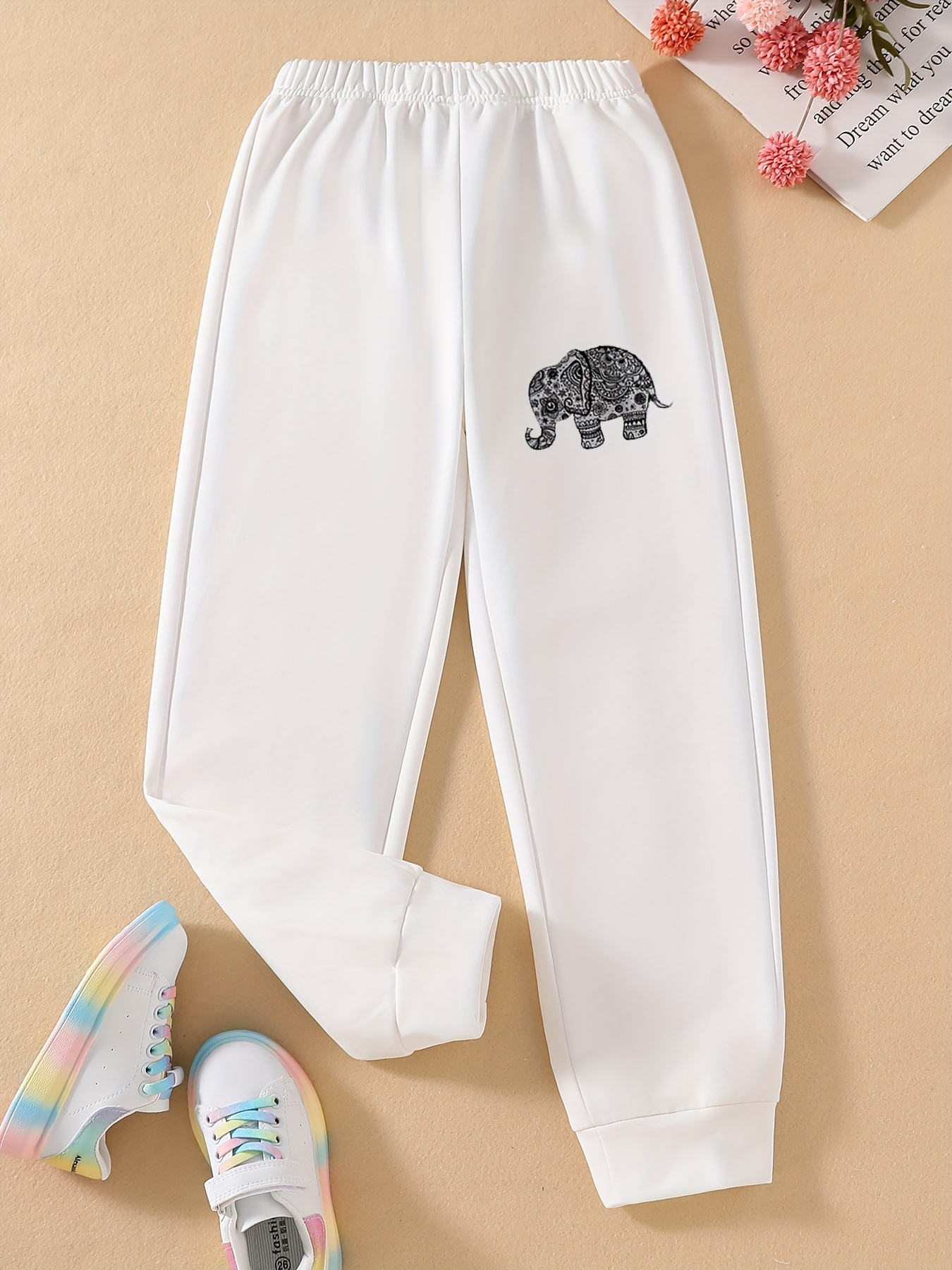 Girls Elephant Print Joggers Comfy Casual Stylish Slightly Stretch