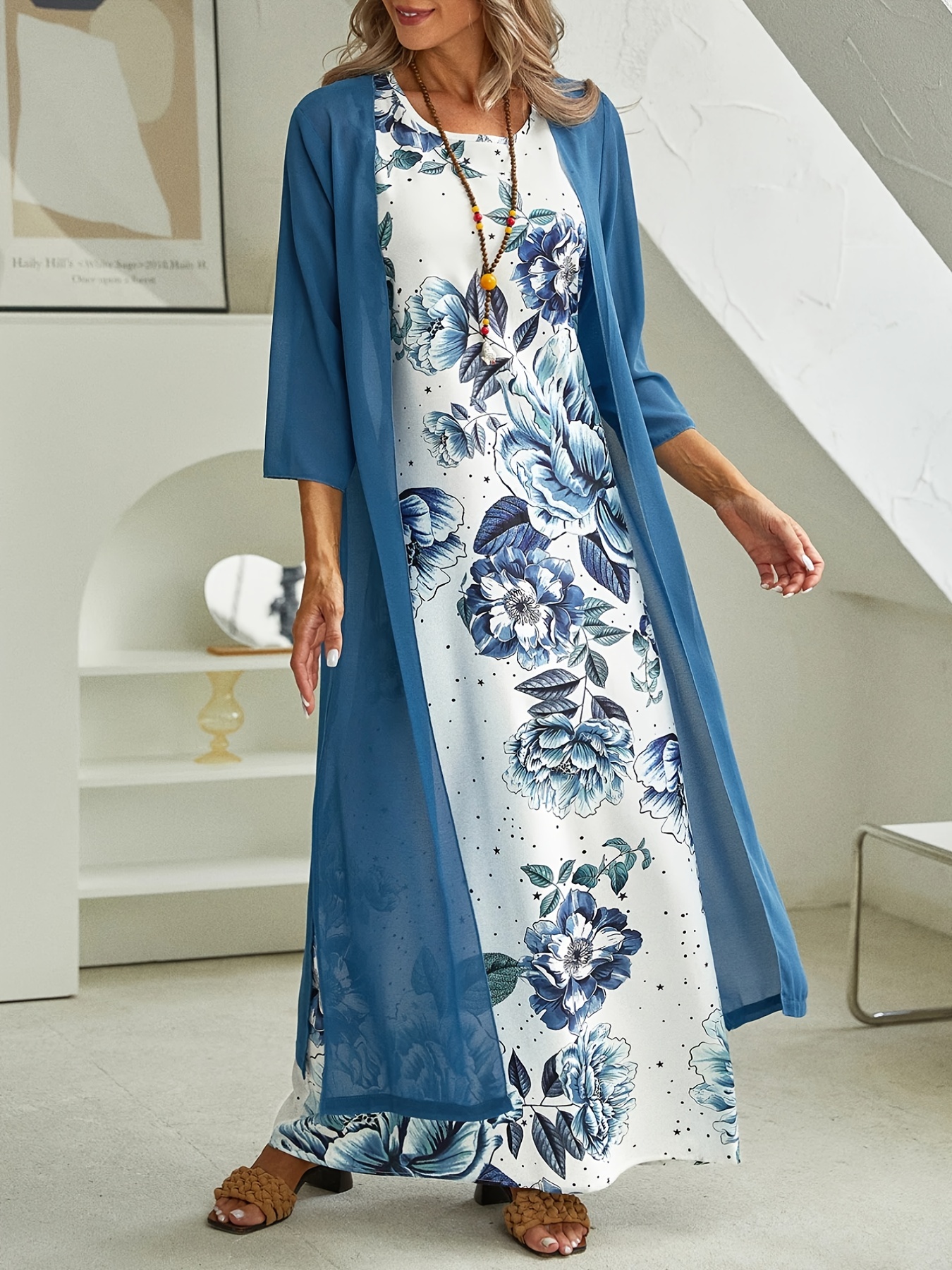 floral print maxi dress blue open front kimono two piece set stylish beachside outfit womens clothing