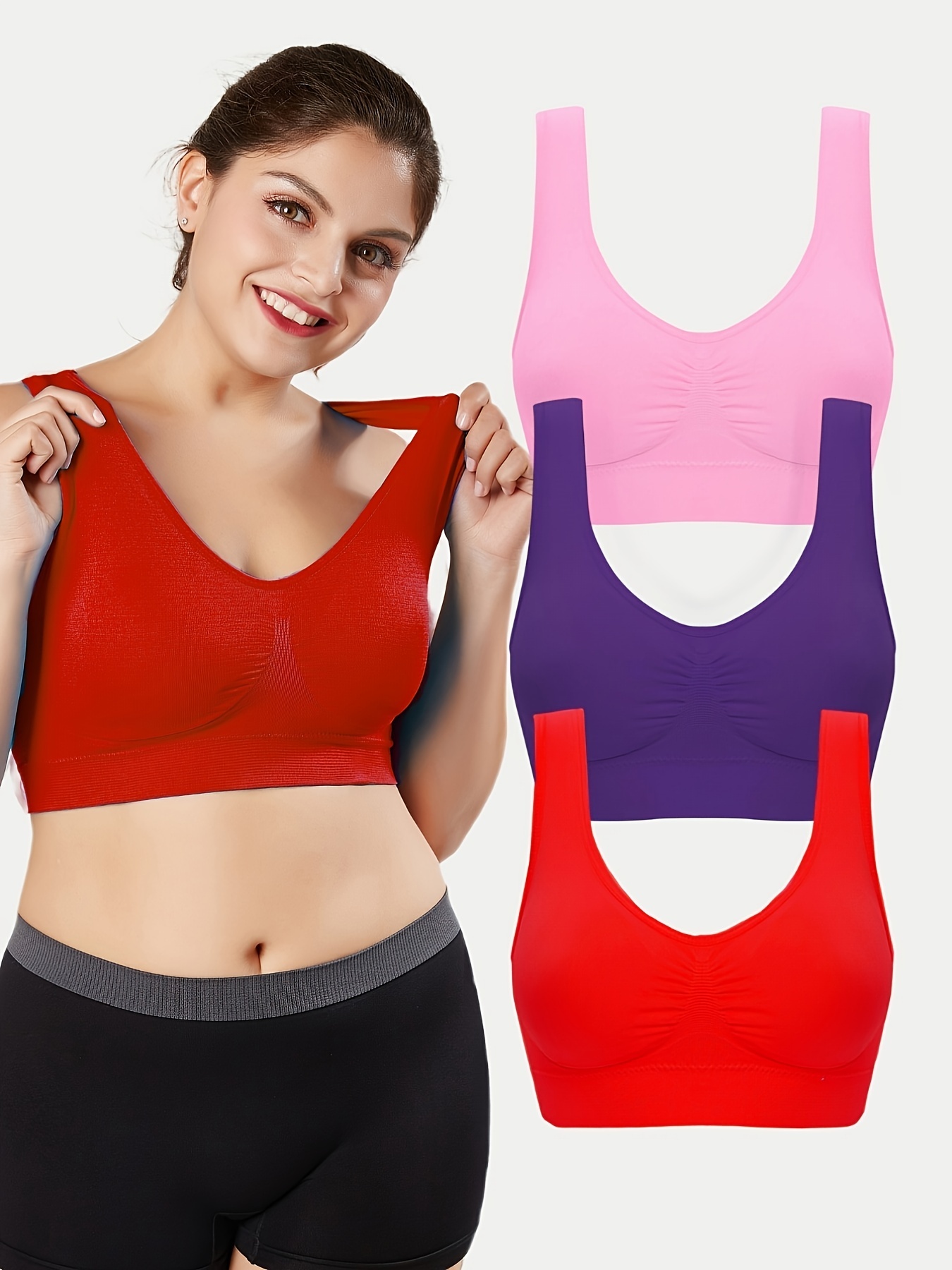 Lingerie Plus Size Solid Color Padded Wireless Sports Bra - 3pcs/pack
