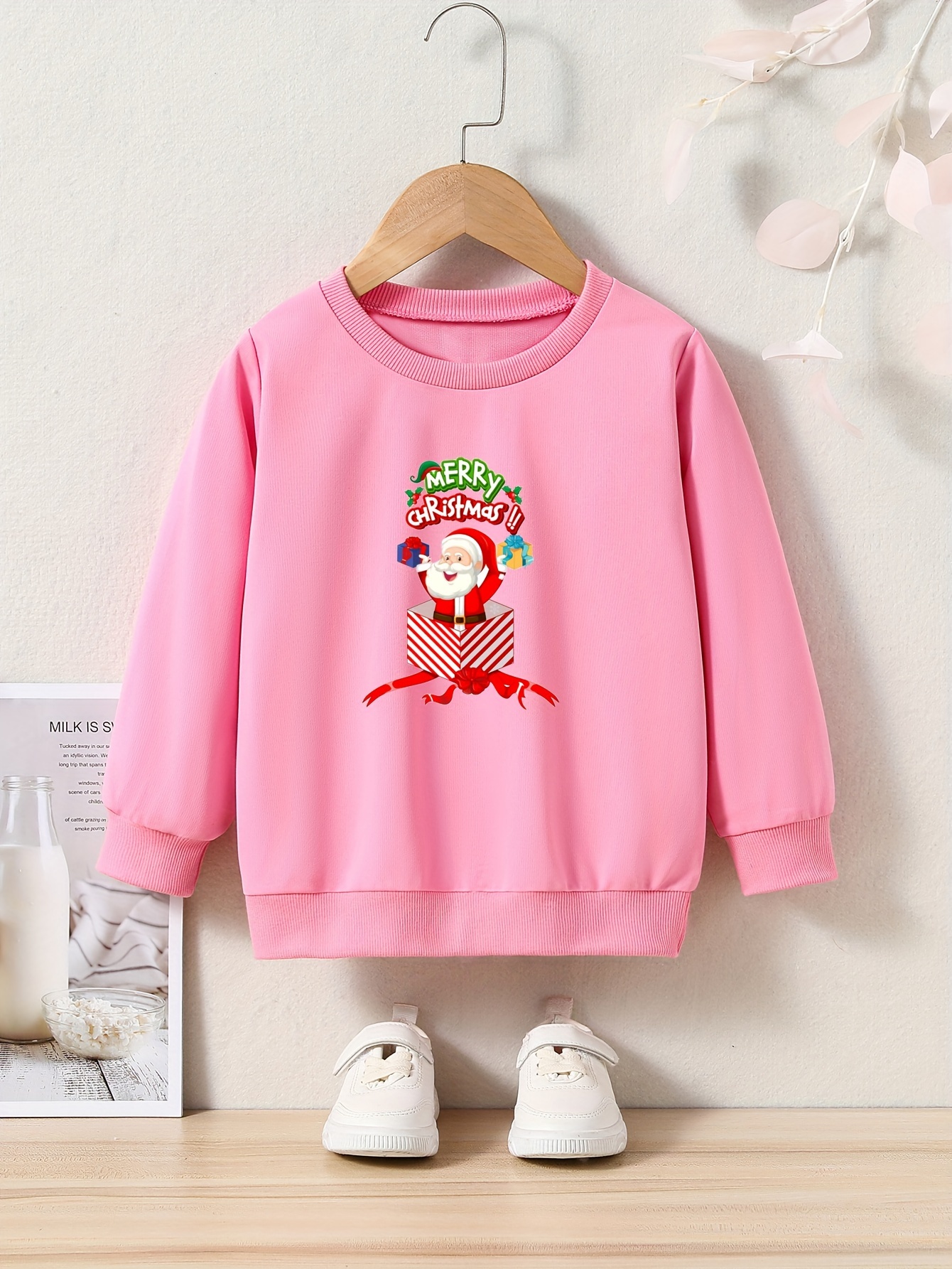 Christmas Santa Print Girls Sweatshirt Crew Neck Tops