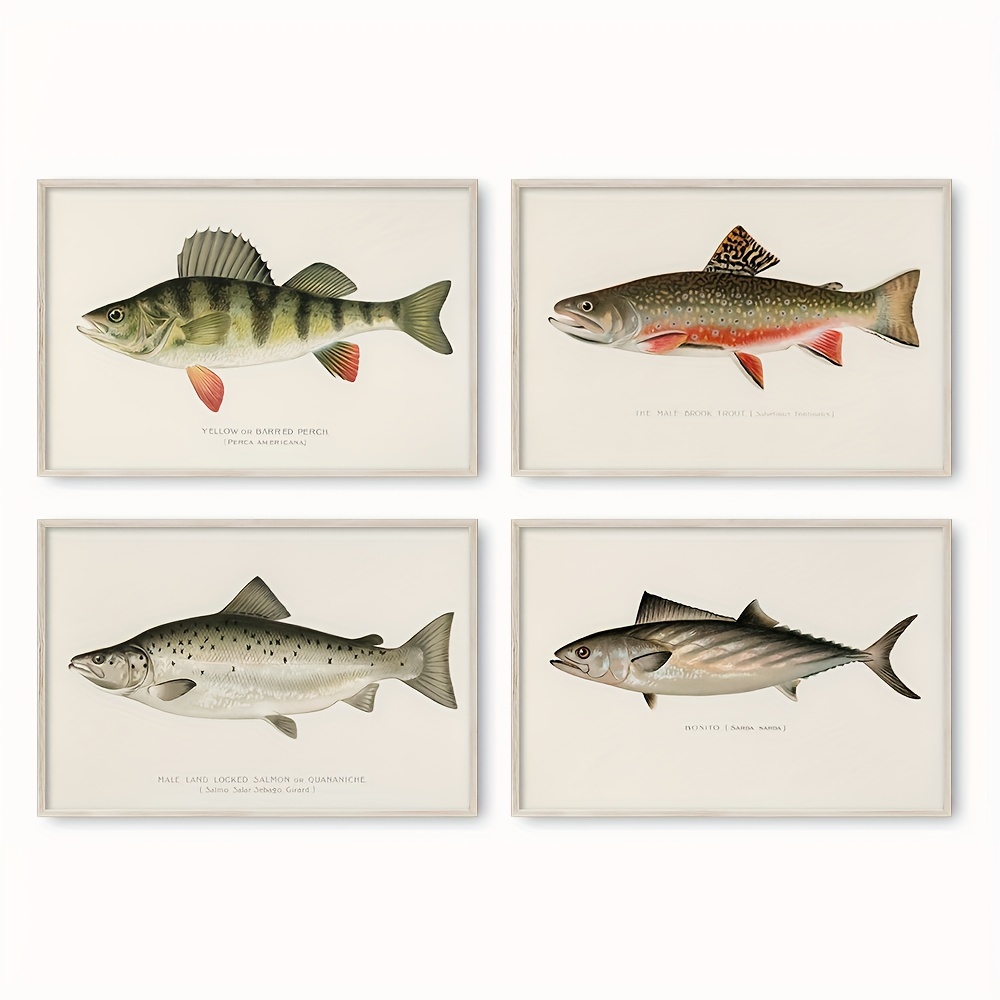 4Pcs/Set, Vintage Fish Wall Art, Vintage Rustic Nautical Art Prints For  Lake House, Kitchen Wall Art, Wall Art For Living Room, No Frame, 8x12inches