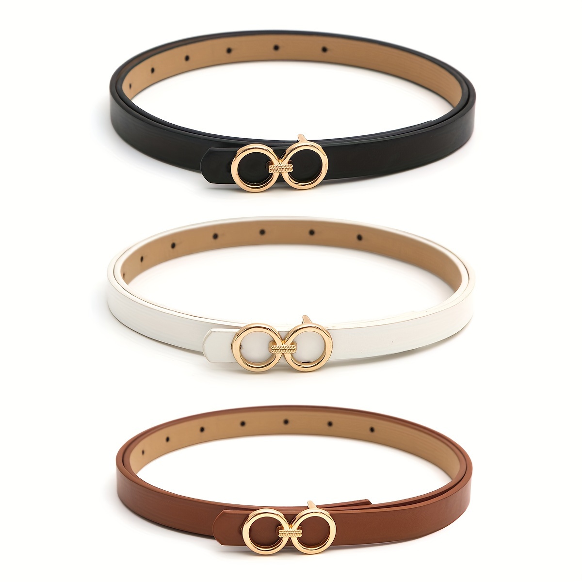 TEMU 3pcs Set: Black, White, And Brown Double-loop Slim Waist Belts For Dresses, Shirts, Trench Coats, And Cape-style Clothing, Suitable For
