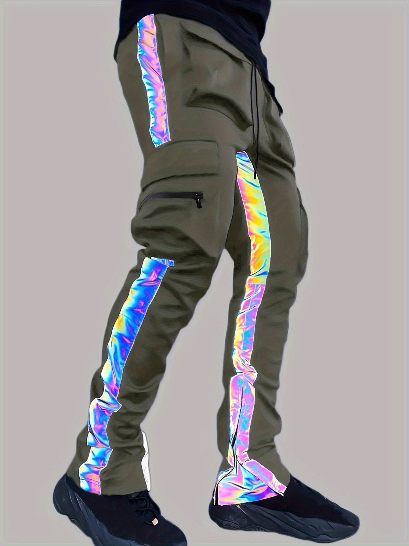 Trendy Neon Green Cargo Pants with Reflective Stripes