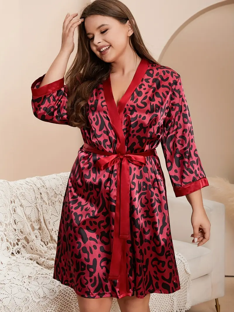 Plus Size Dressing Gown Womens Australia Plus Size Robe, Women's Plus Leopard Print Satin Contrast Binding Belted Middle Sleeve Smooth Dressing Gown Plus Size Dressing Gown Womens Australia Plus Size Robe, Women's Plus Leopard Print Satin Contrast Binding Belted Middle Sleeve Smooth Dressing Gown