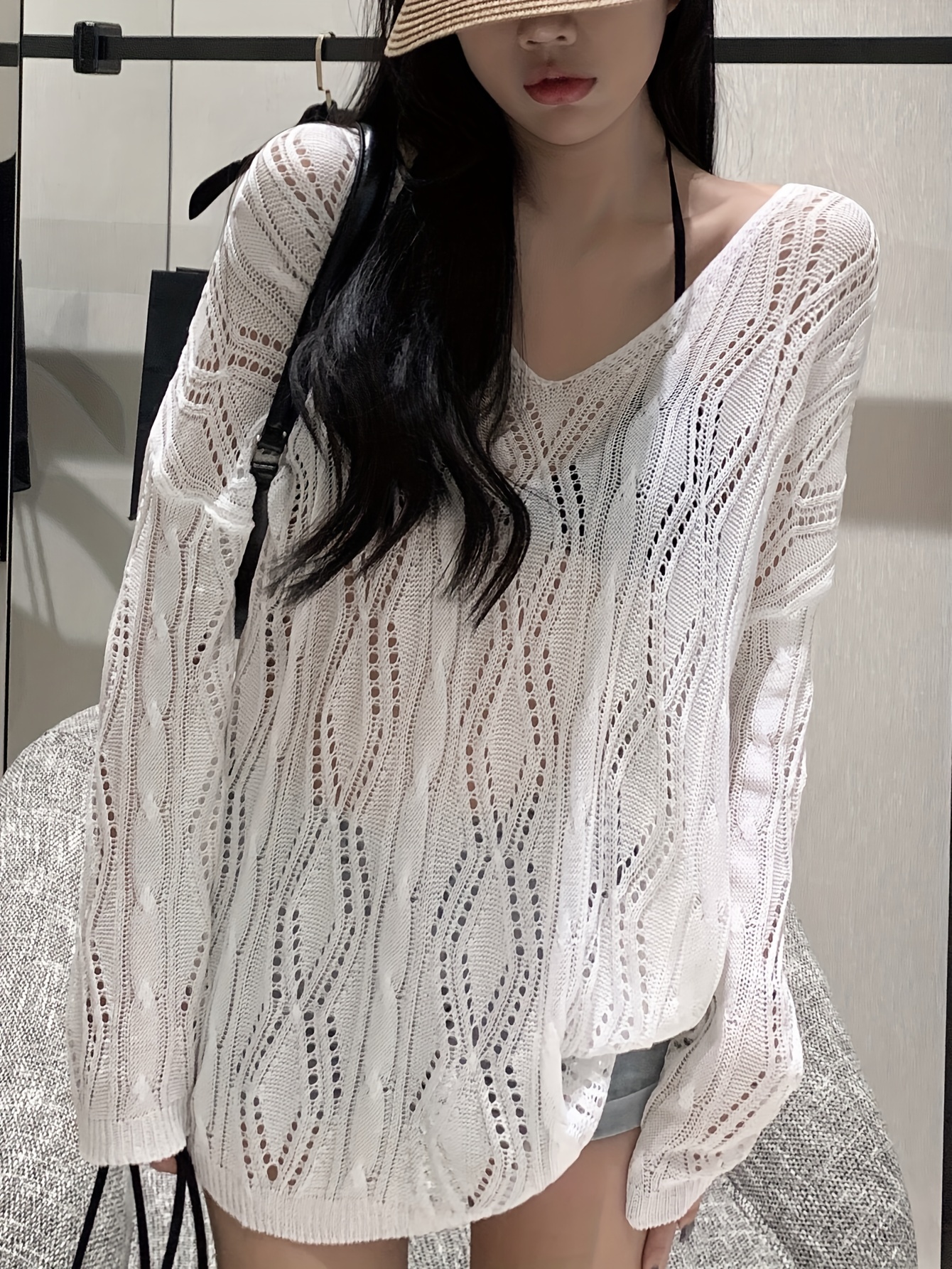 Solid V Neck Pointelle Knit Sweater Cute Long Sleeve Crop - Temu