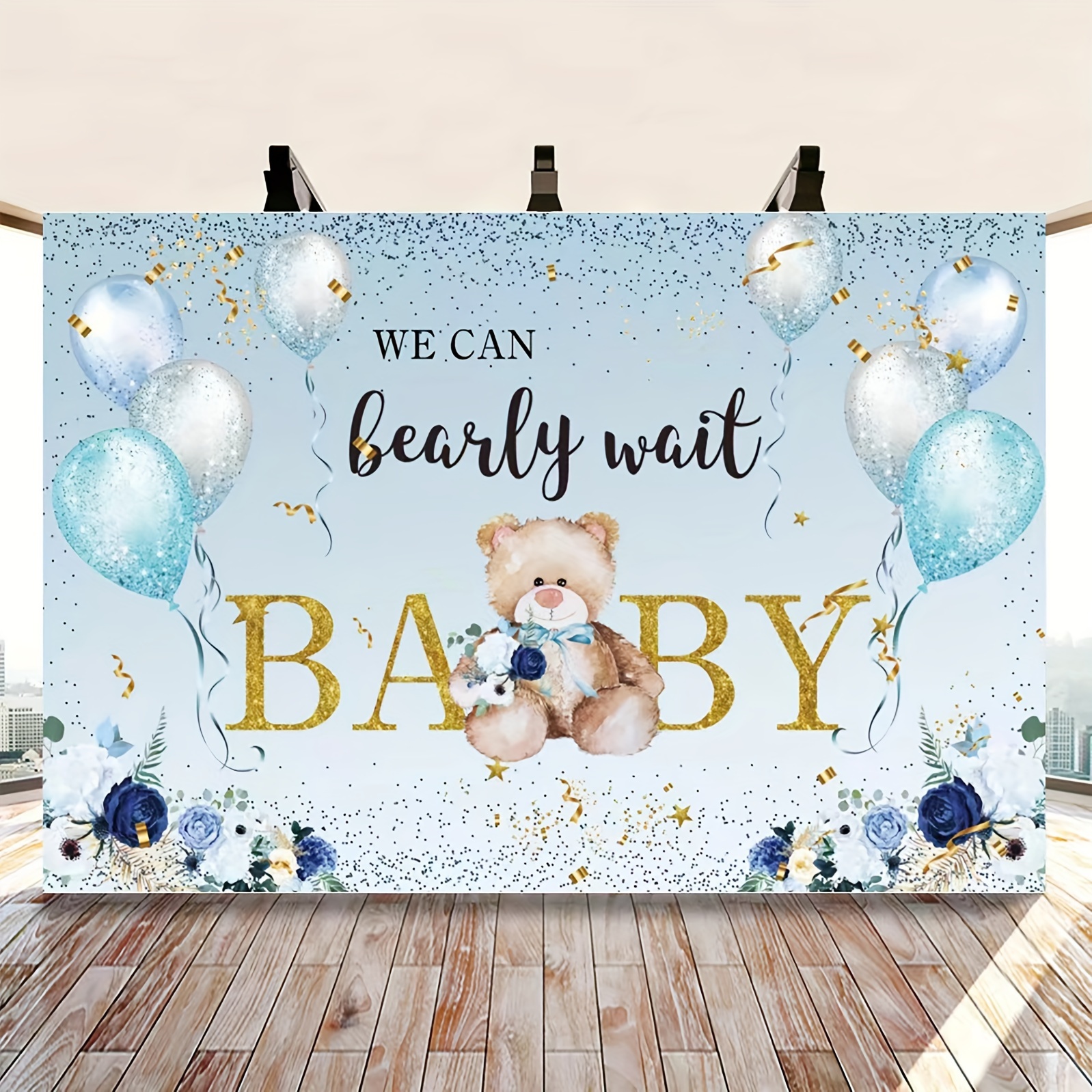  Decoraciones de baby shower para niño, globos blancos y azules  para decoración de baby shower, letras de bebé niño y cajas de globos  reutilizables, además de banda para papá y mamá