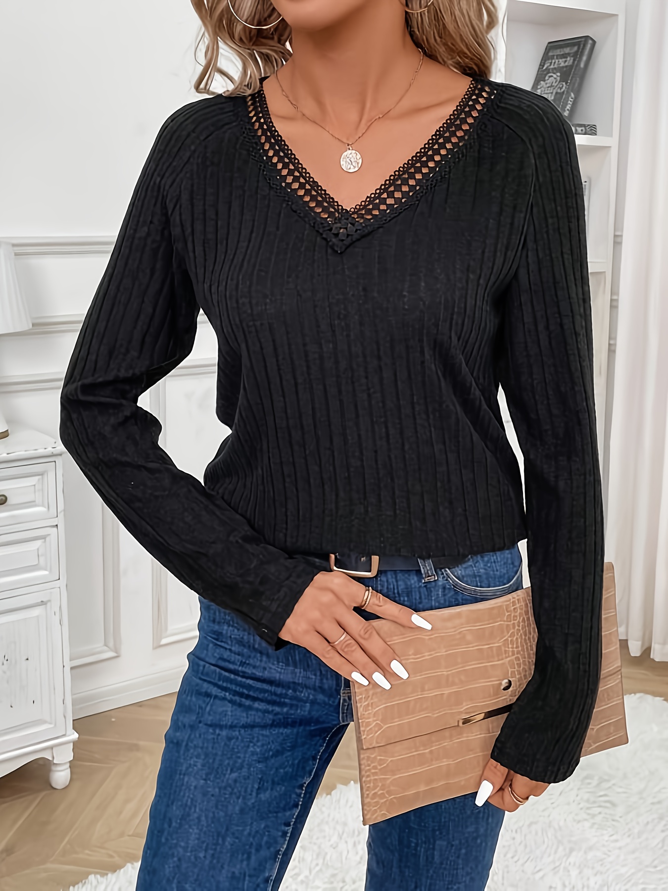 Lace Trim Ribbed Crew Neck T shirt Casual Long Sleeve Top - Temu
