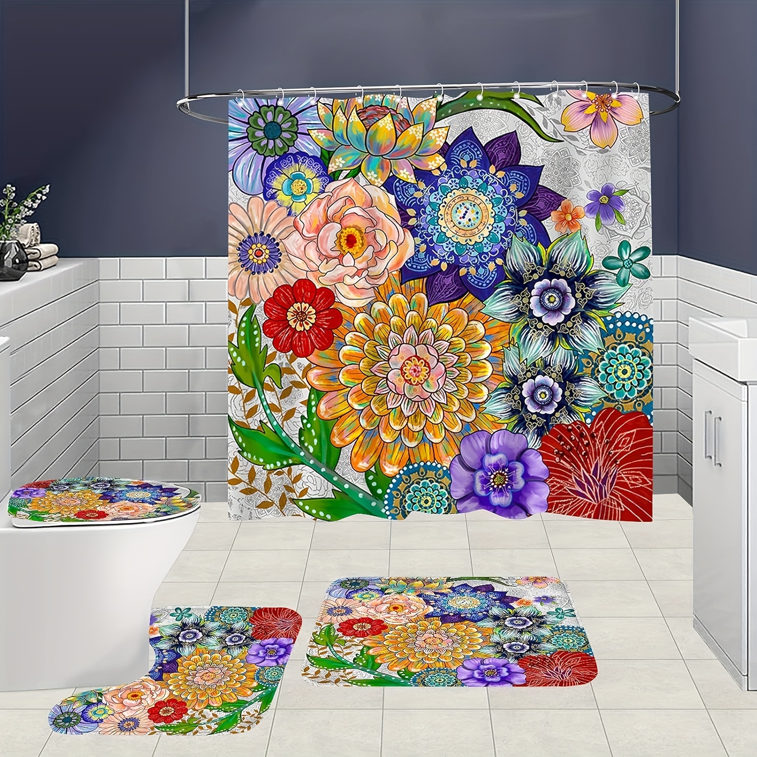 Shower Curtain Set Floral Pattern Waterproof Retro Bath Temu Australia