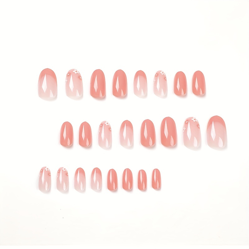 orange almond press on nails with daisy designs acrlylic fake nails glossy false nails for women and girls 24 pcs for easter details 0