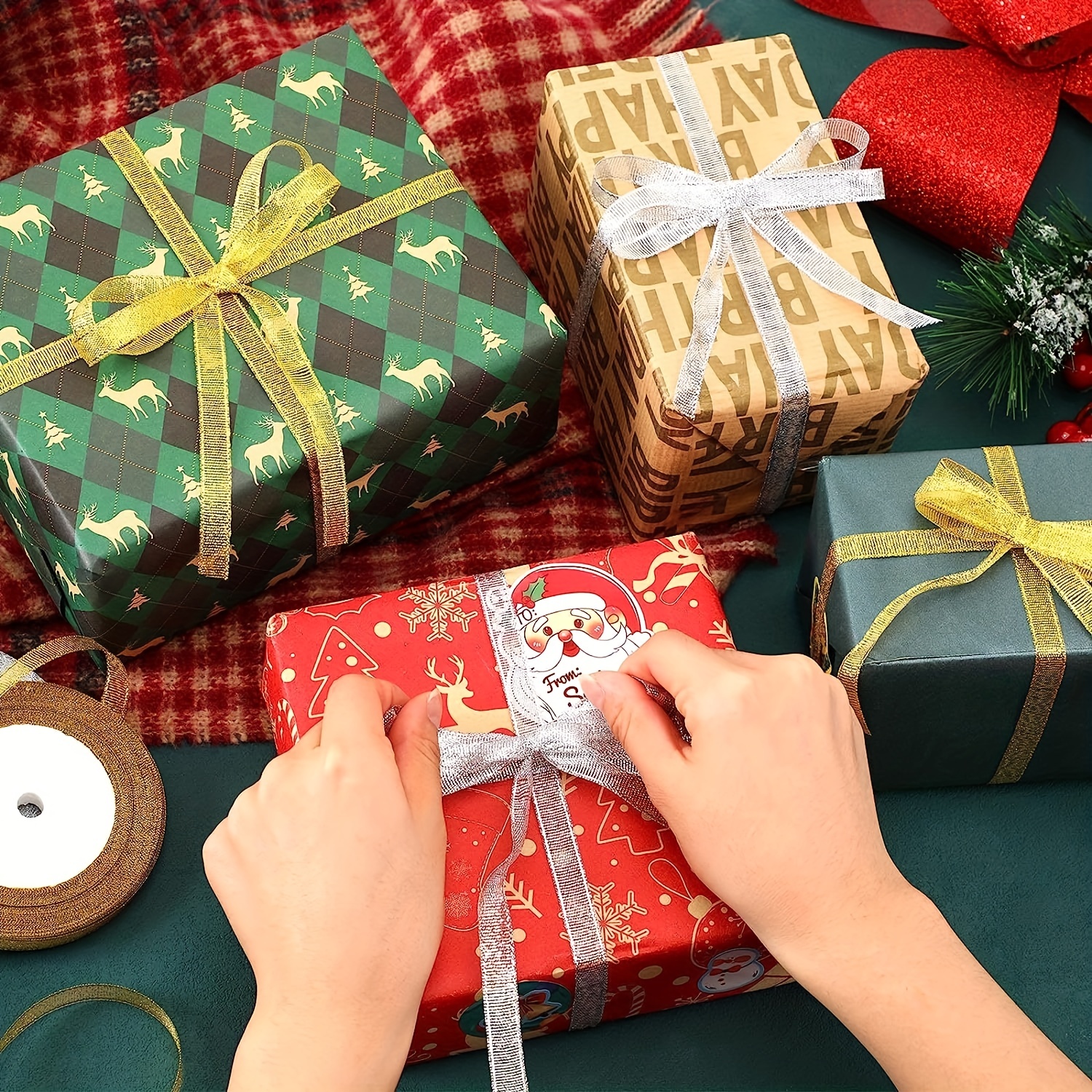 4 Rolls 100 Yards Christmas Snowflake Ribbons for Gift Wrapping, 10mm Wide  Red and Green Satin Ribbon for Festival Holiday Party Decorations DIY