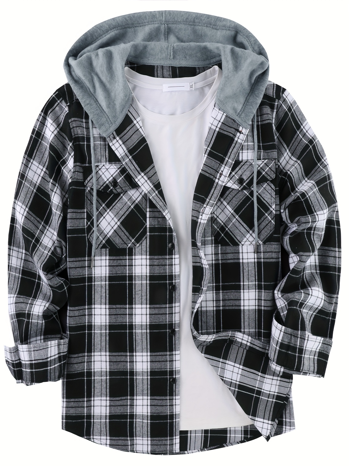 Color Block Plaid Pattern Men's Long Sleeve Hooded Button - Temu Canada