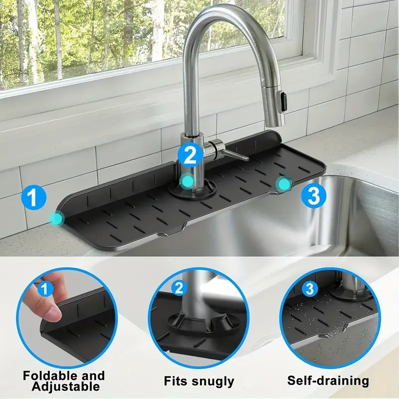 3pcs Kitchen Faucet Splash Guard, Silicone Water Catcher Mat, Sink Drain Pad Behind The Faucet, Rubber Kitchen Bathroom Drying Mat, Countertop