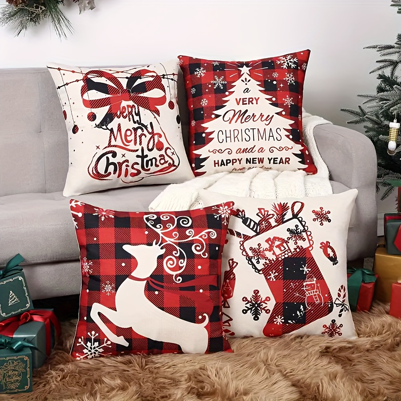 Christmas Plaid Throw Pillow Covers, Short Plush Printed Throw ...