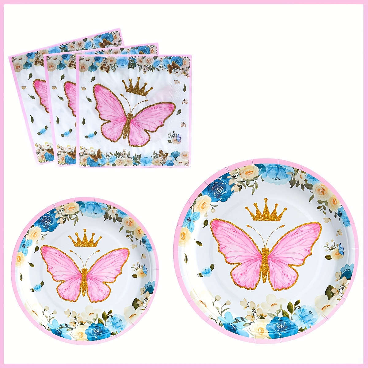 Ensemble, Printemps Rose Papillon Assiettes Fournitures De Fête Assiette En  Papier Jetable Vaisselle Pour Fête Prénatale Bébé Fille Fête