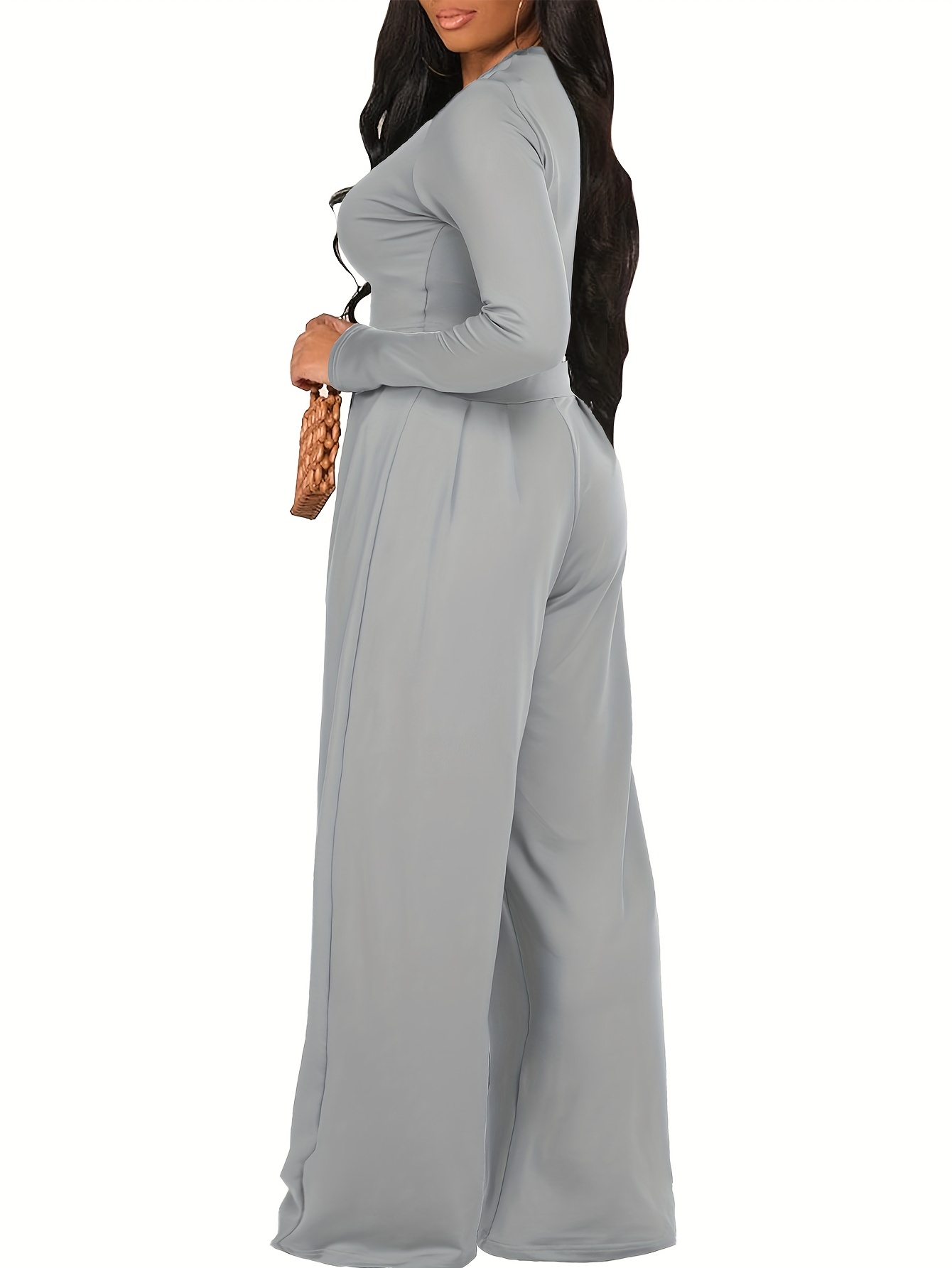 Casual Solid Two-piece Set, Crew Neck Long Sleeve Tops & Tucked Wide Leg  Pants Outfits, Women's Clothing