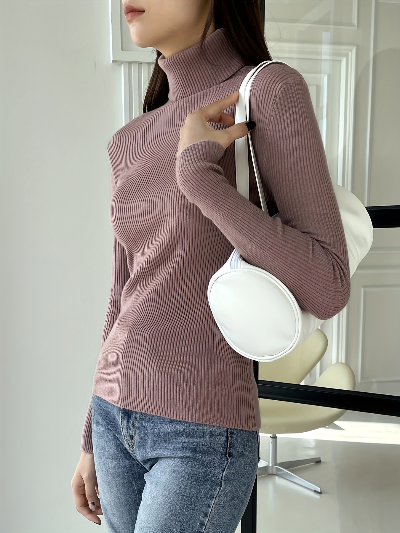 Korean fashion - white turtleneck sweater, jeans, grey coat, white