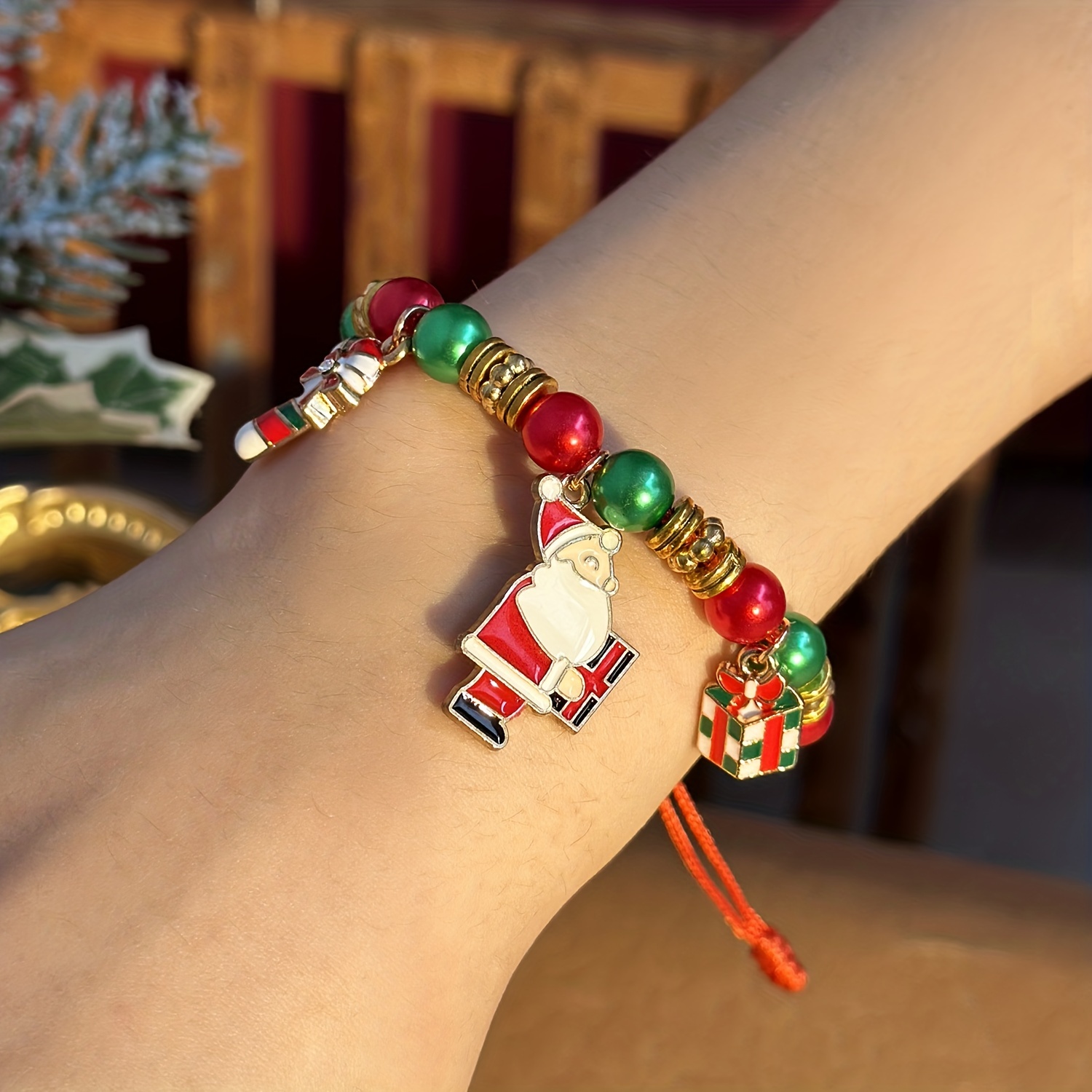 Christmas Tree Snowman Santa Claus Pendant Beaded Bracelet with Green Red Beads Adjustable Xmas Gift Hand String,Temu