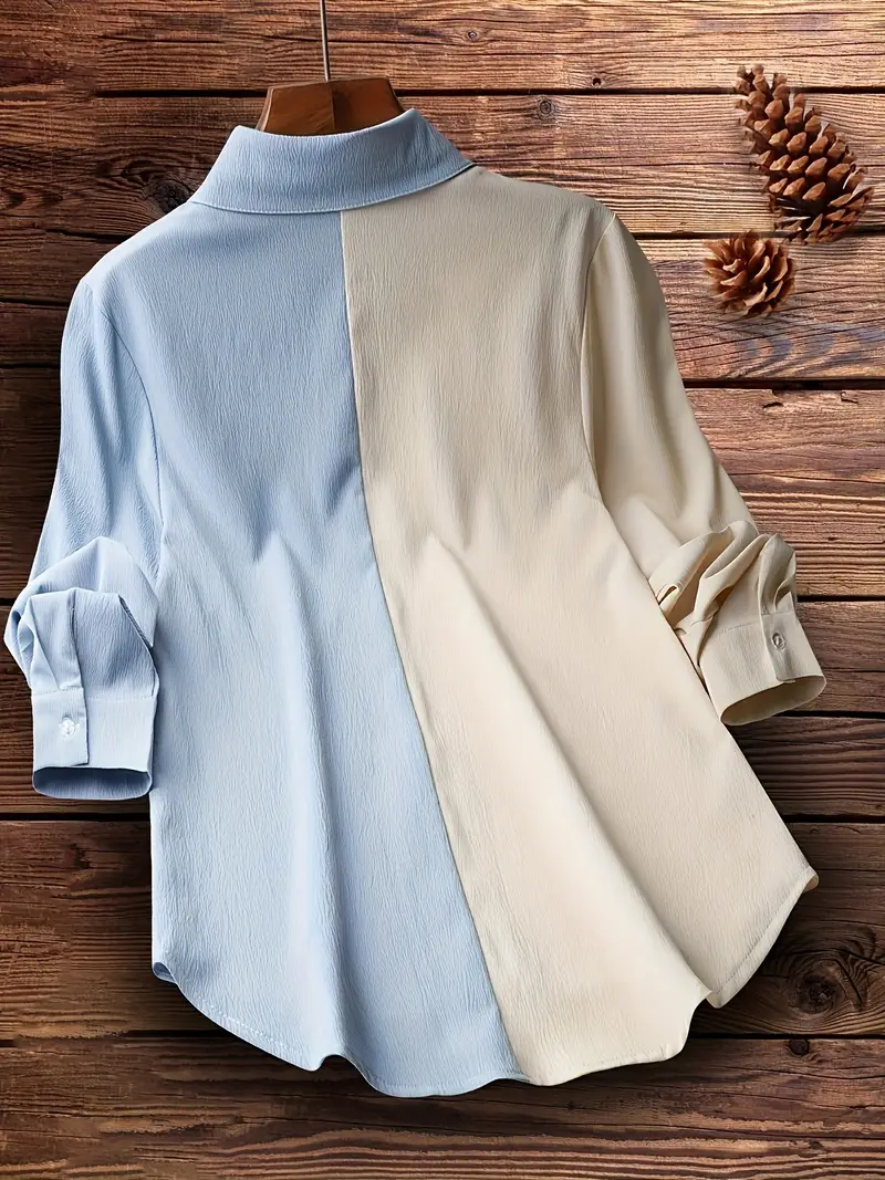 colorblock polo collar button shirt casual long sleeve shirt for spring fall womens clothing details 7