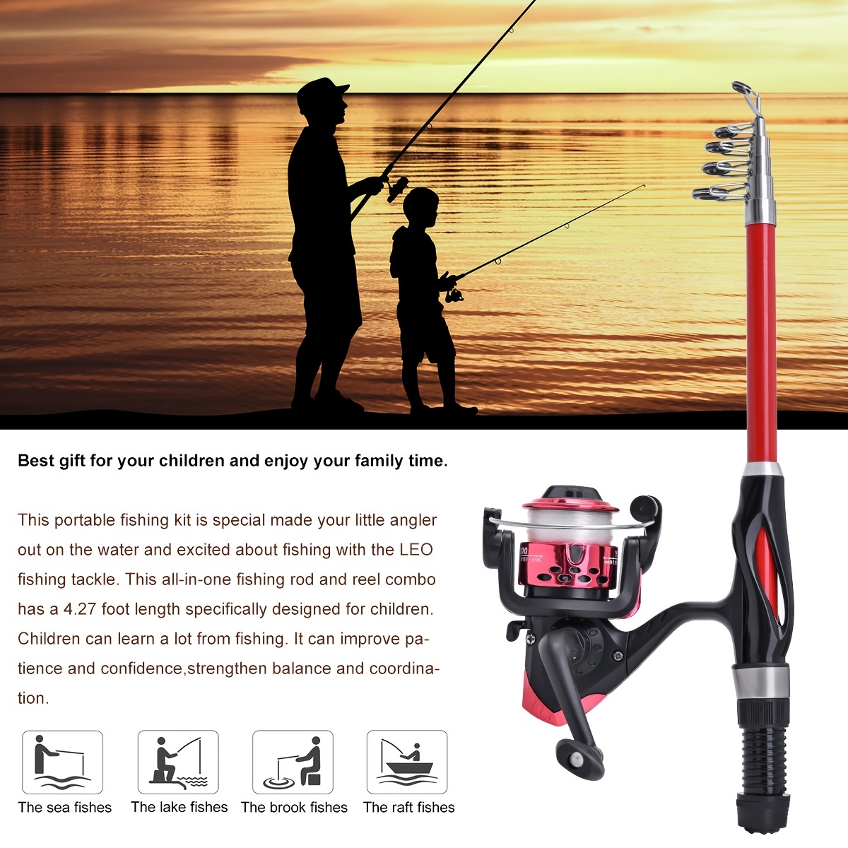 Kids Fishing Pole Set, Portable Telescopic Fishing Rod, Lure and Reel Combo  Kit