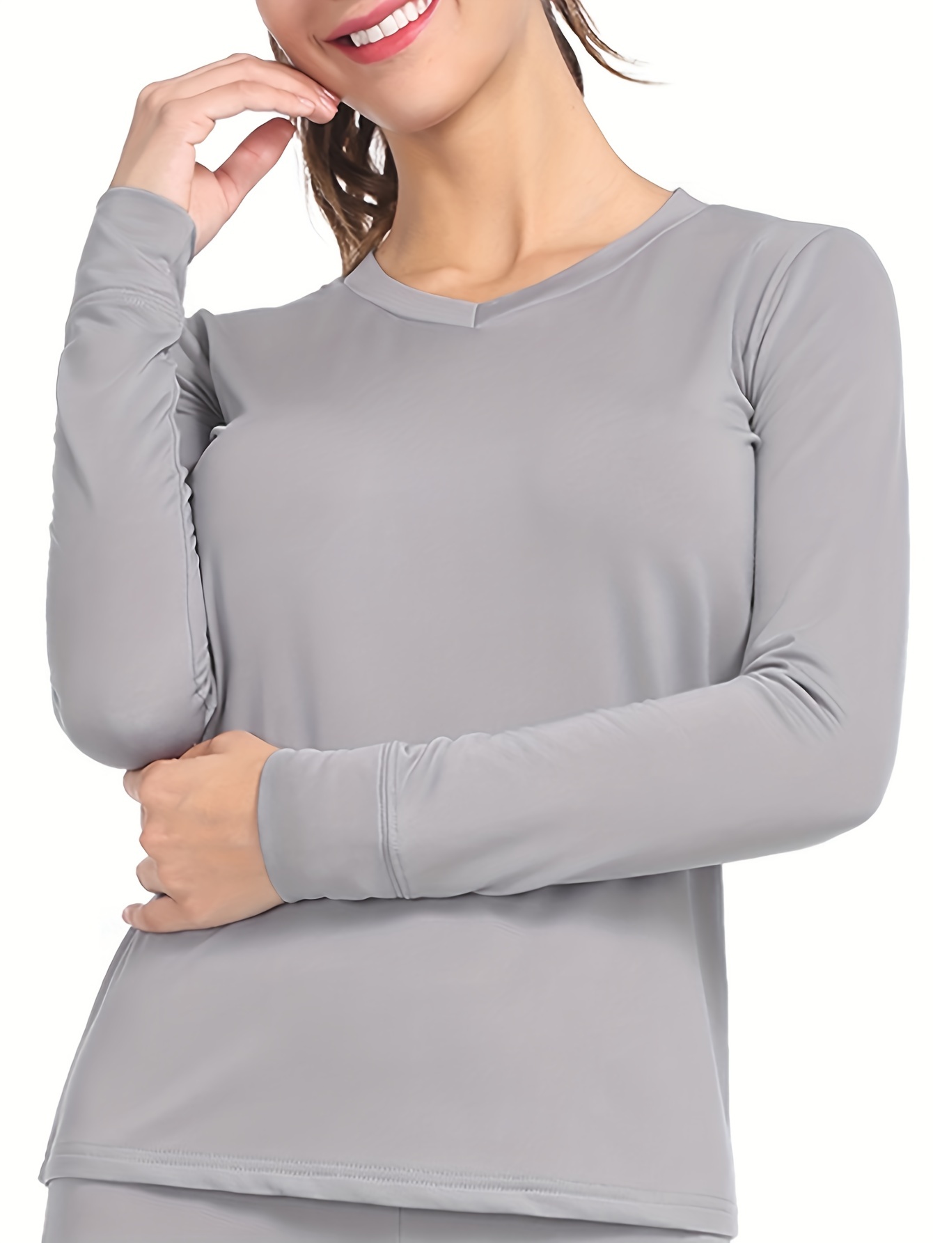 Female Thermal Underwear Long Sleeve Round Neck Autumn Bottoming Shirt Home  Office Sleep Inner Wear Warm Undershirt Woman 2Pcs White Gray L