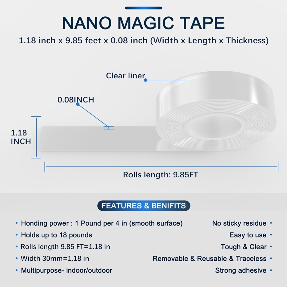 Nano Tape Double Sided Tape Heavy Duty (118IN/9.85FT), Removable Clear  Sticky Adhesive Tape, Reusable Washable Multipurpose Mounting Tape Gel Grip
