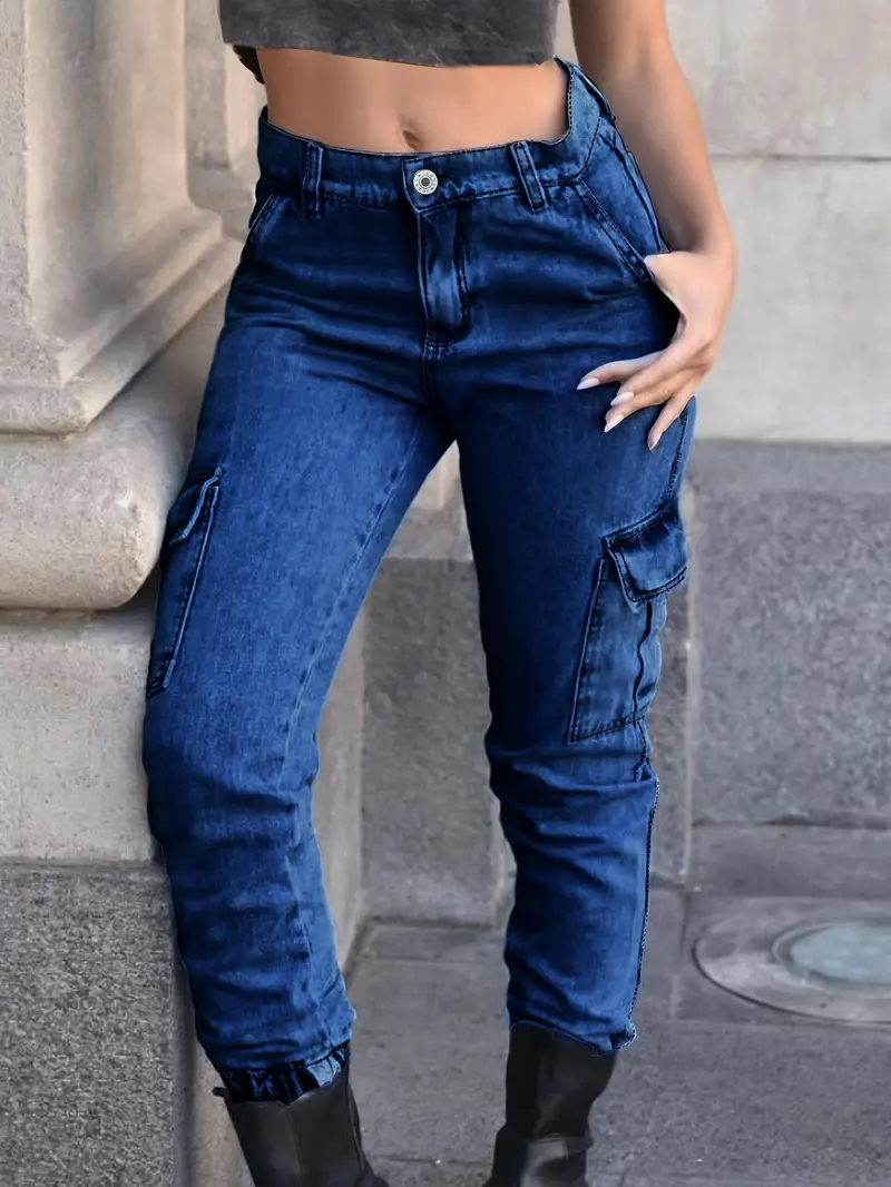 Jeans Tipo Jogger Lavados Con Múltiples Bolsillos, Jeans Cargo De Moda  Lavados Estilo Urbano, Jeans Y Ropa De Mezclilla Para Mujer