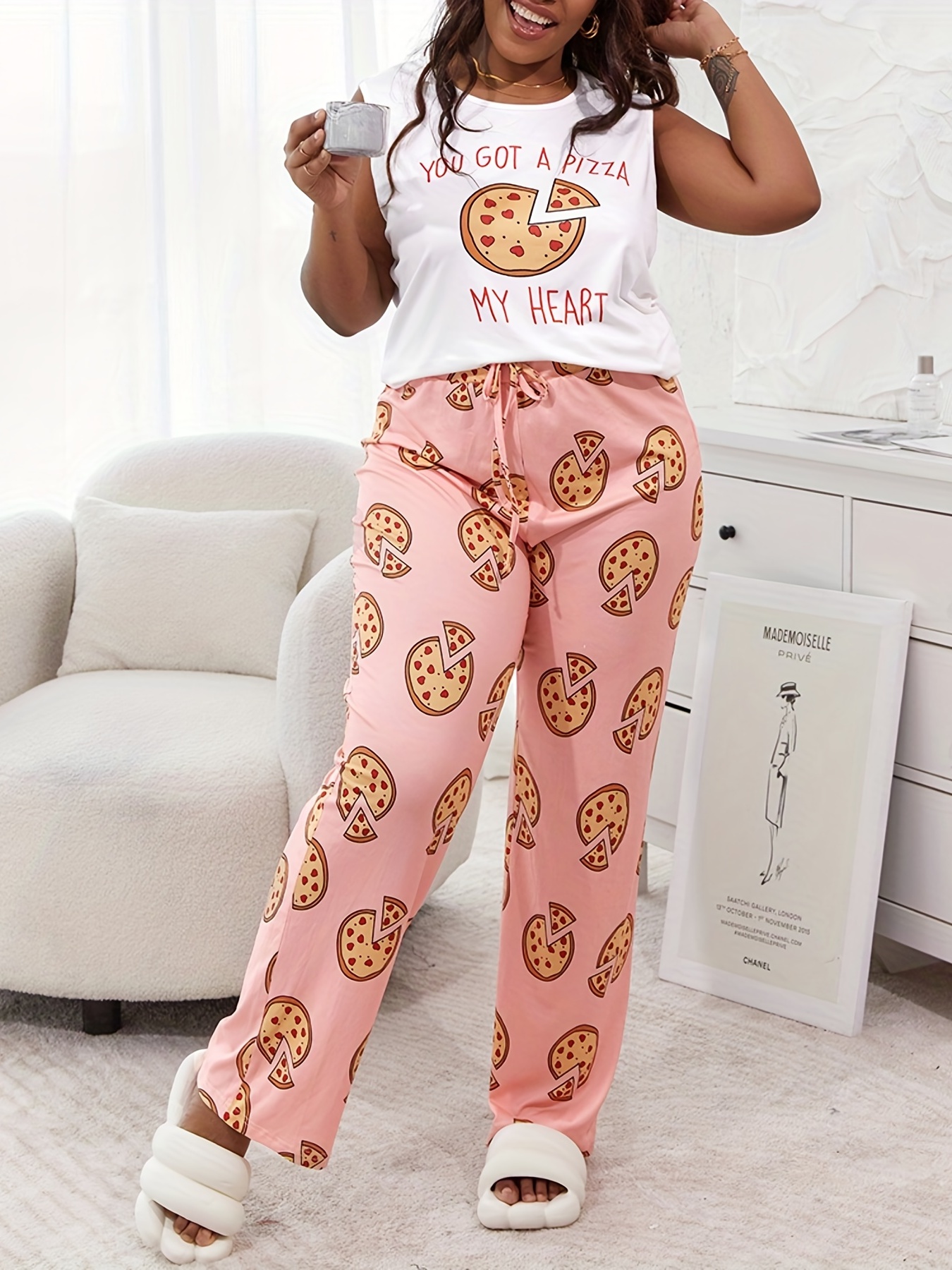 Plus Size Casual Loungewear Set, Women's Plus Letter & Pizza Print Tank Top  & Drawstring Pants Pajama Two Piece Set