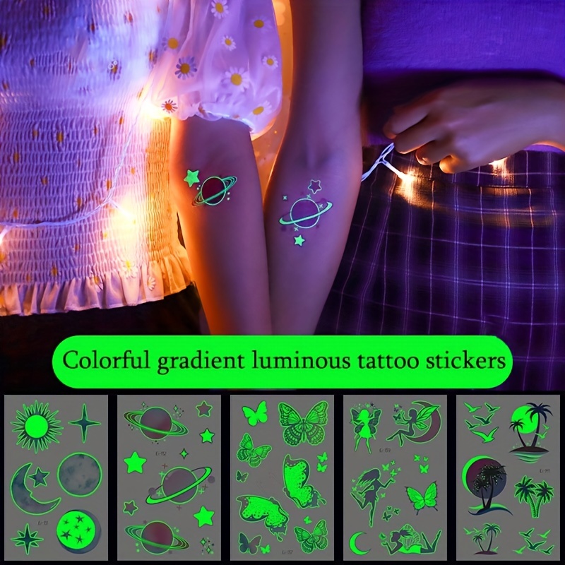 Adesivo de tatuagem luminoso à prova d'água, tatuagens temporárias  fluorescentes para festa de festival de música, dançarina de flor de cobra  borboleta em padrão de planeta - Temu Portugal