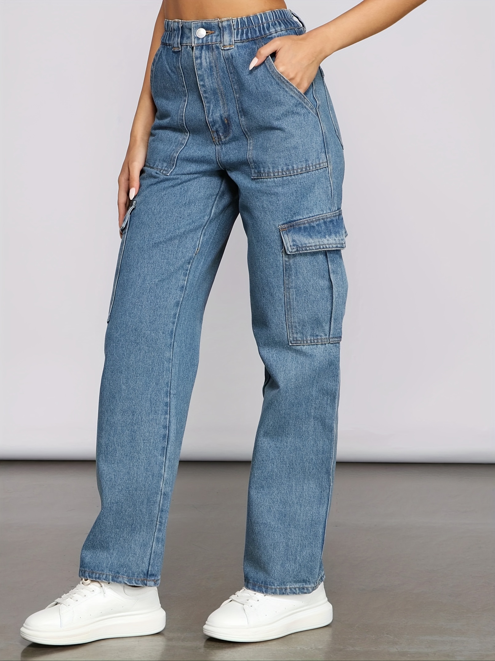 Multi pockets Street Straight Jeans Loose Fit Non stretch - Temu