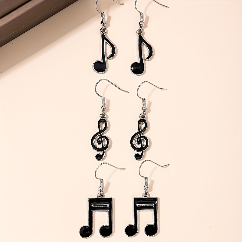 

3 Pairs/ Set Black Enamel Music Symbol Design Dangle Earrings Simple Party Style Zinc Alloy Jewelry Music Festival Earrings