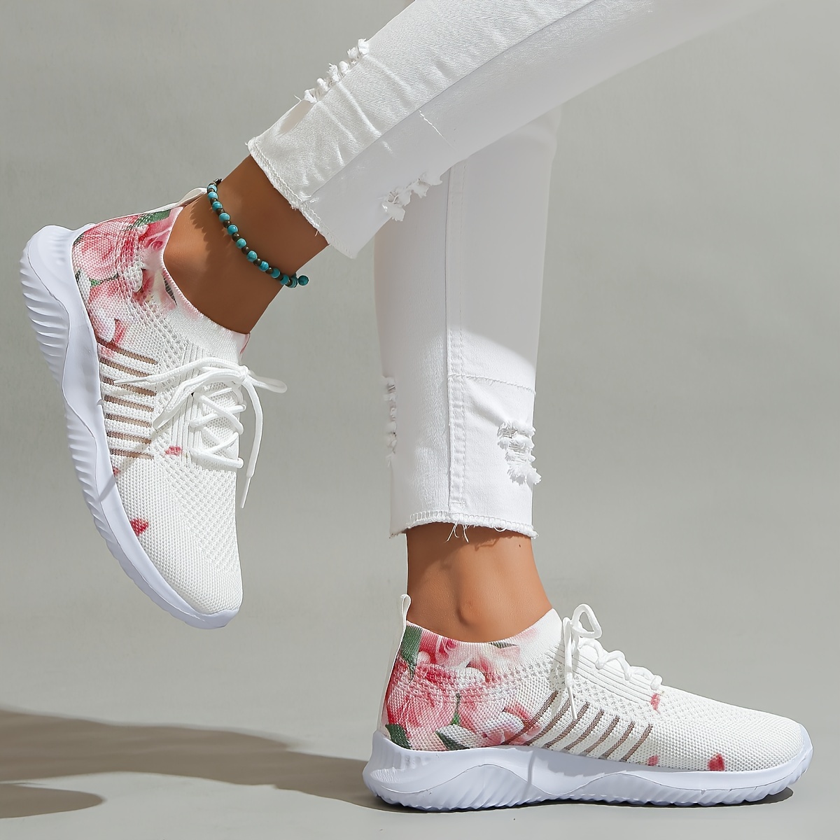 Zapatillas antideslizantes de suela suave, zapatos casuales de moda para  mujer con estampado floral, zapatillas planas con cordones y malla  transpirab