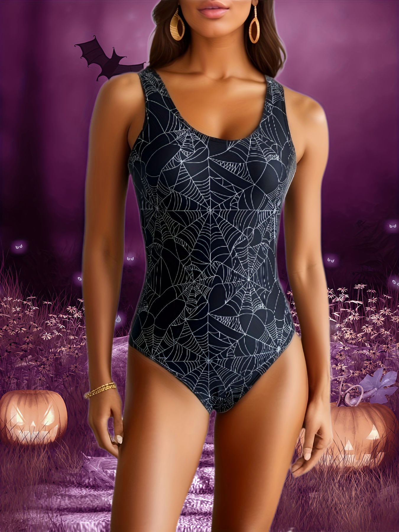 Spider Web Ghost Print Scoop Neck Black One-piece Swimsuit, Racer Back  Stretchy Halloween Goth Style Bathing Suits, Women's Swimwear & Clothing