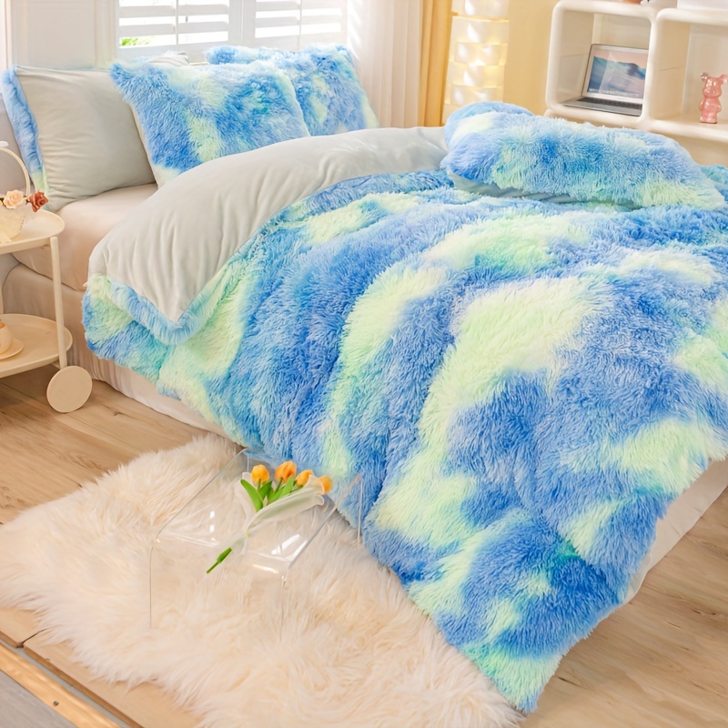 TEMU 3pcs Multicolor Polyester Long Pile Down Duvet Cover Set (1pc Duvet Cover And 2pcs Pillowcases, No Pillow Inserts), Skin-friendly, Comfortable,