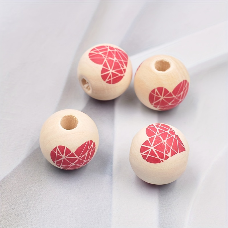 120Pcs Valentine's Day Painted Natural Wood Bead Round Heart Mixed