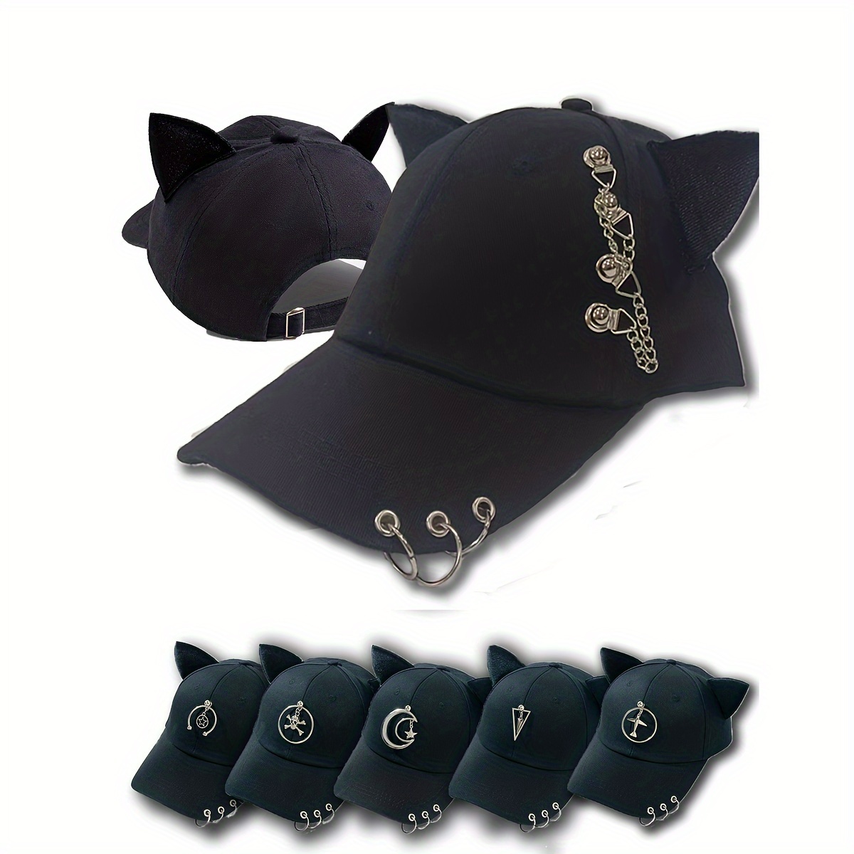 

Trendy Cat Ears Baseball Cap Hip Hop Star Moon Skull Plane Rivet Chain Ring Decor Sun Hat Adjustable Lightweight Dad Hats For Women & Men