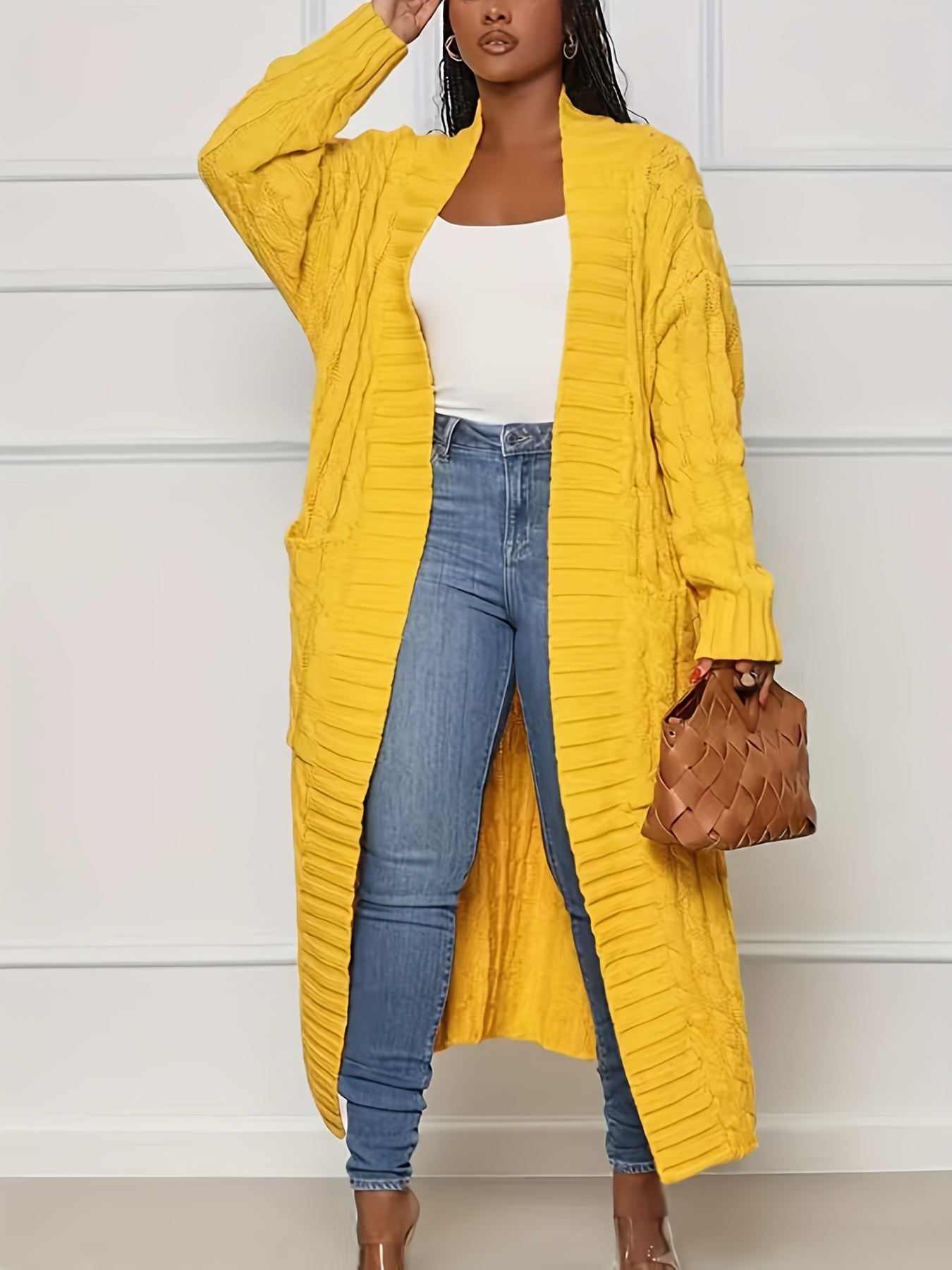 SHEIN VCAY Hollow Out Drop Shoulder Open Knit Duster Cardigan