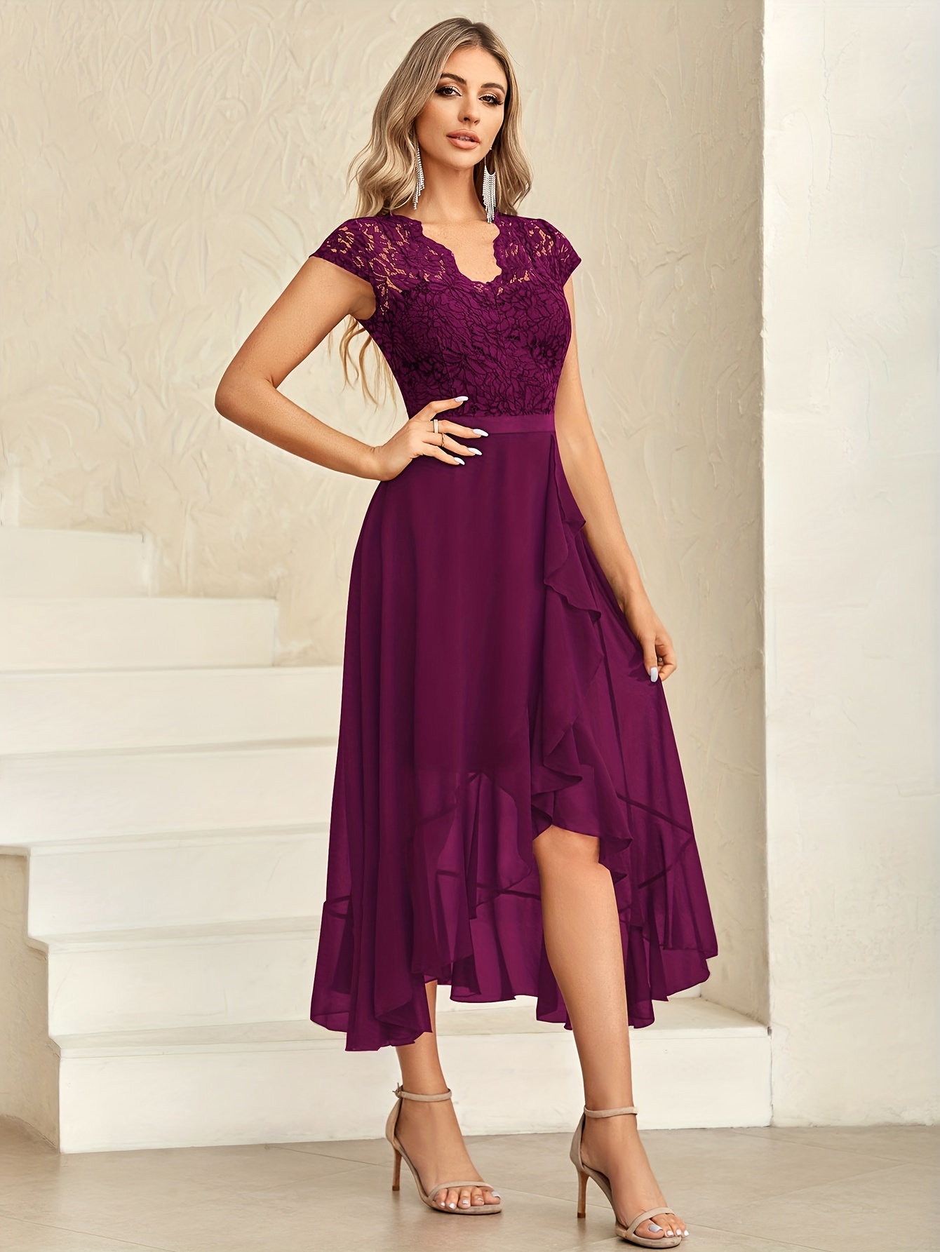 Elegant Scallop Trim Split Hem Dress Sleeve Dress Party Temu