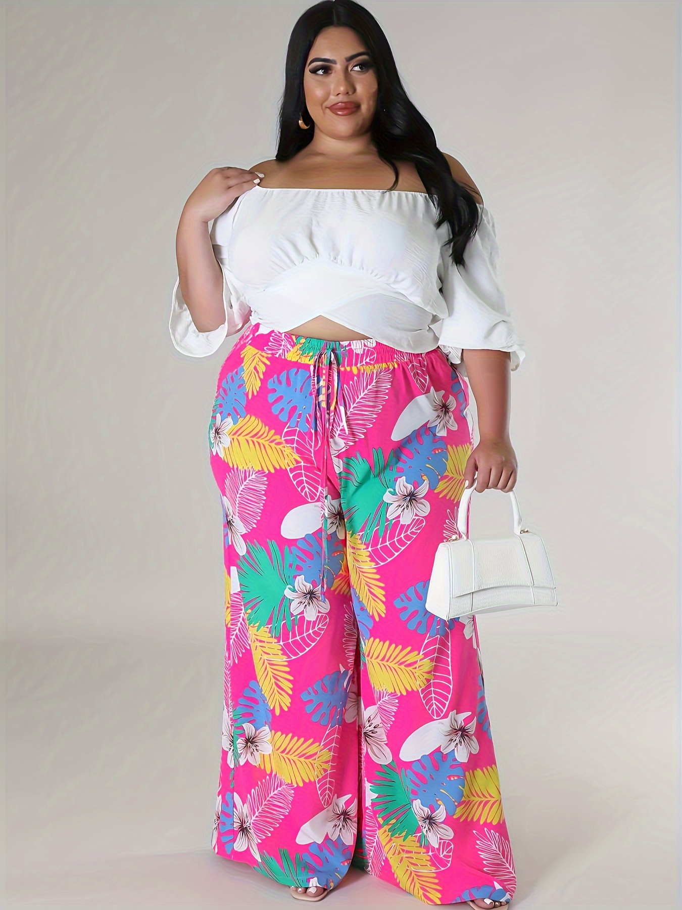 Plus Size Boho Pants Women's Plus Tropical Print Drawstring - Temu