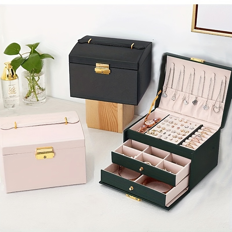 Joyero Organizador Caja de reloj Estuche grande para joyas, gafas de sol,  caja de almacenamiento de cuero vitrina organizador de pendientes/rosa
